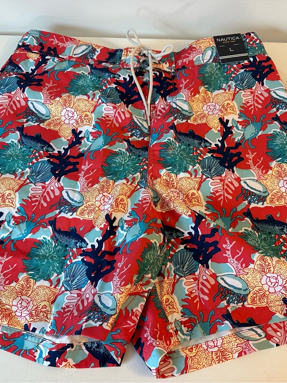 Nautica Red Tropical Floral & Marine Print Men's Swim Shorts